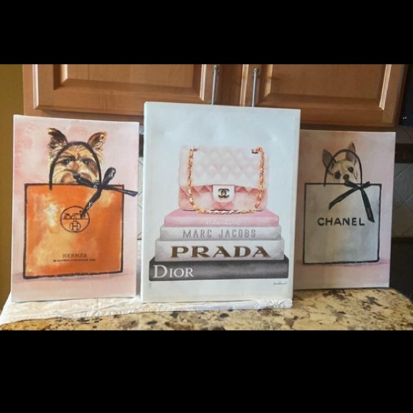 Beautiful Designer Brand & yorkie pup Canvas Wall Art set of 3 prints - Picture 3 of 6